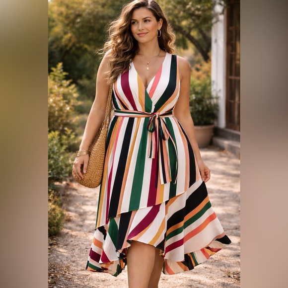 Lane Bryant Dresses & Skirts - Lane Bryant Striped Dress Size 26 ColorfulWrap Style Belted Sleeveless Plus Size